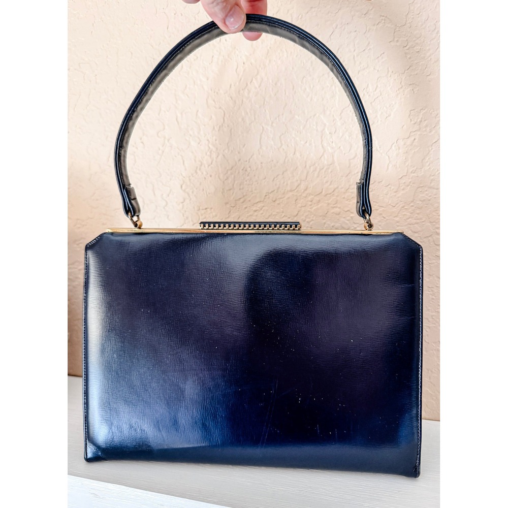 VINTAGE I. MAGNIN & CO. NAVY BLUE LEATHER TOP HANDLE FRAME‎ HANDBAG PURSE
